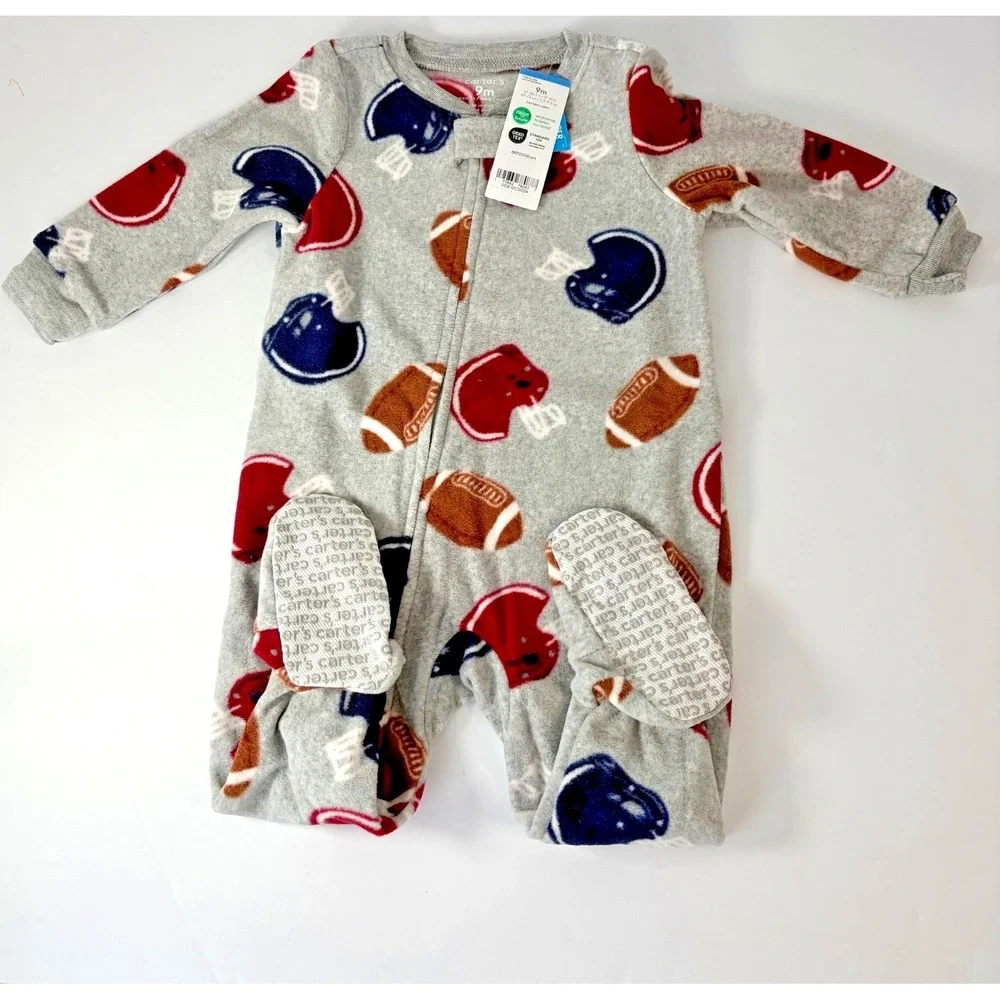 Carter's Fleece Footie Pajama‎ 9m Football Helmet Sports Gray Red Blue Soft Boys